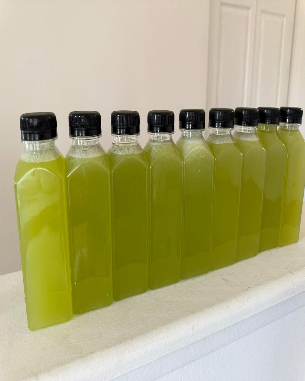 Kae Health Juice bottles lined up with fresh green celery juice detox in clear plastic containers