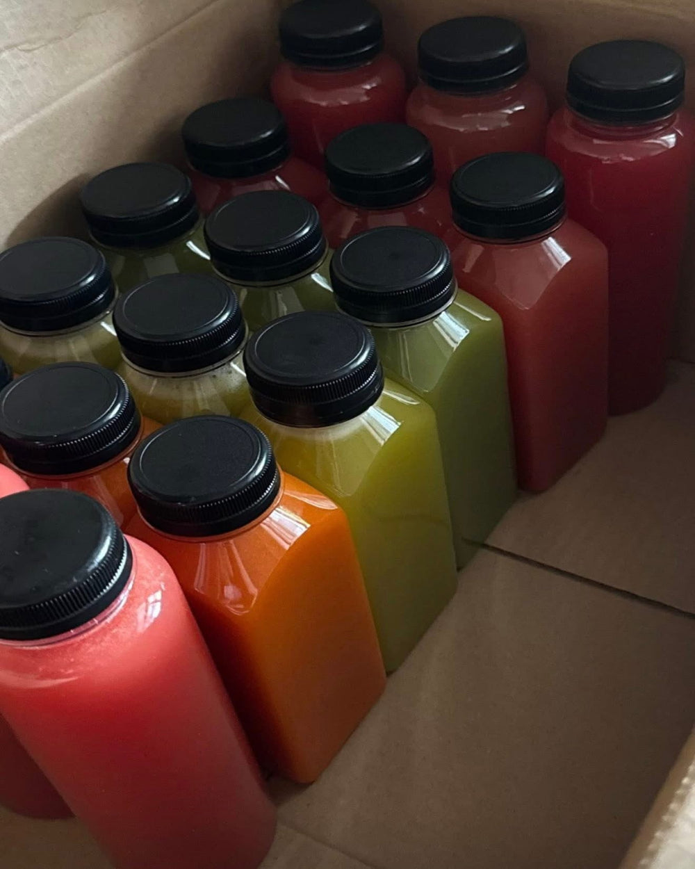 Kae Health Juice bottles with red, green, and orange juices for three day parasite cleanse juice