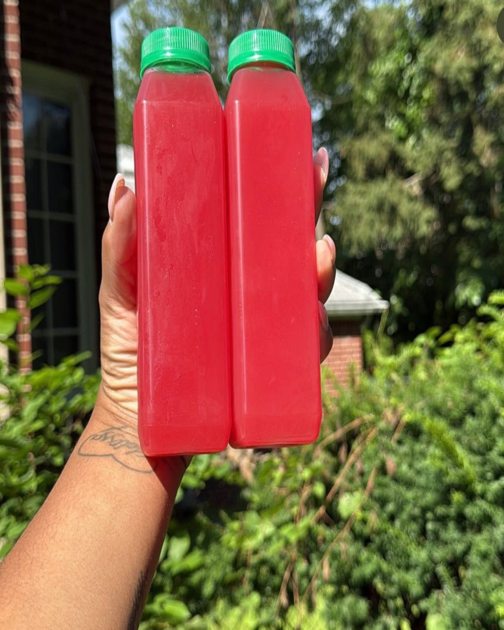 Two clear bottles of watermelon mojito juice with green caps held outdoors in natural sunlight